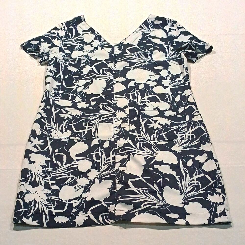 Elan Blue White Floral Shift Dress Womens Medium V-Neck Vacation Resortwear